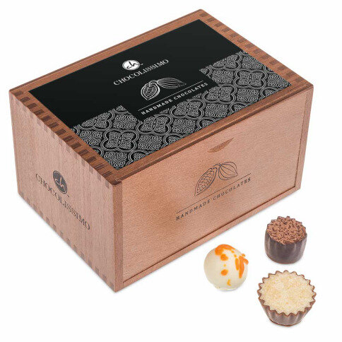 wooden box with chocolate, praline box