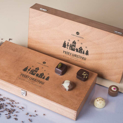 wooden box with handmade chocolates