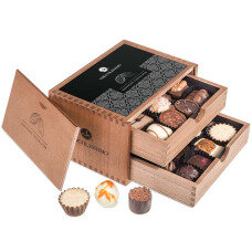 wooden box with chocolate, praline box