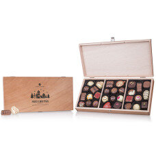 wooden box with handmade chocolates